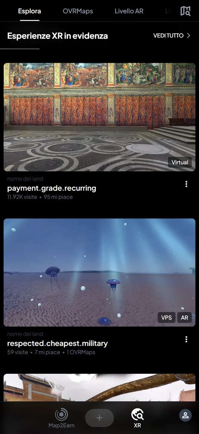 The Explore tab, a feed of featured XR experiences tagged Virtual, VPS or AR