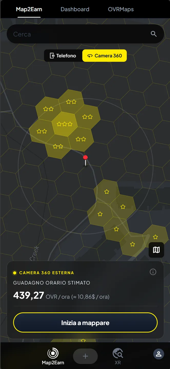 The Map2Earn tab, showing mapped hexagons rated by quality and the estimated hourly reward for scanning