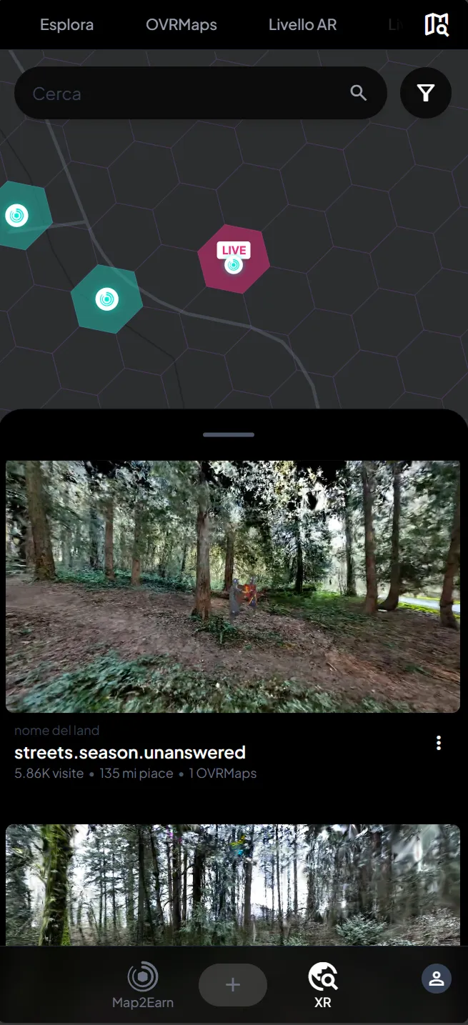 OVRMaps, with the hexagonal land map above and a 3D scan of a forest in the sheet below