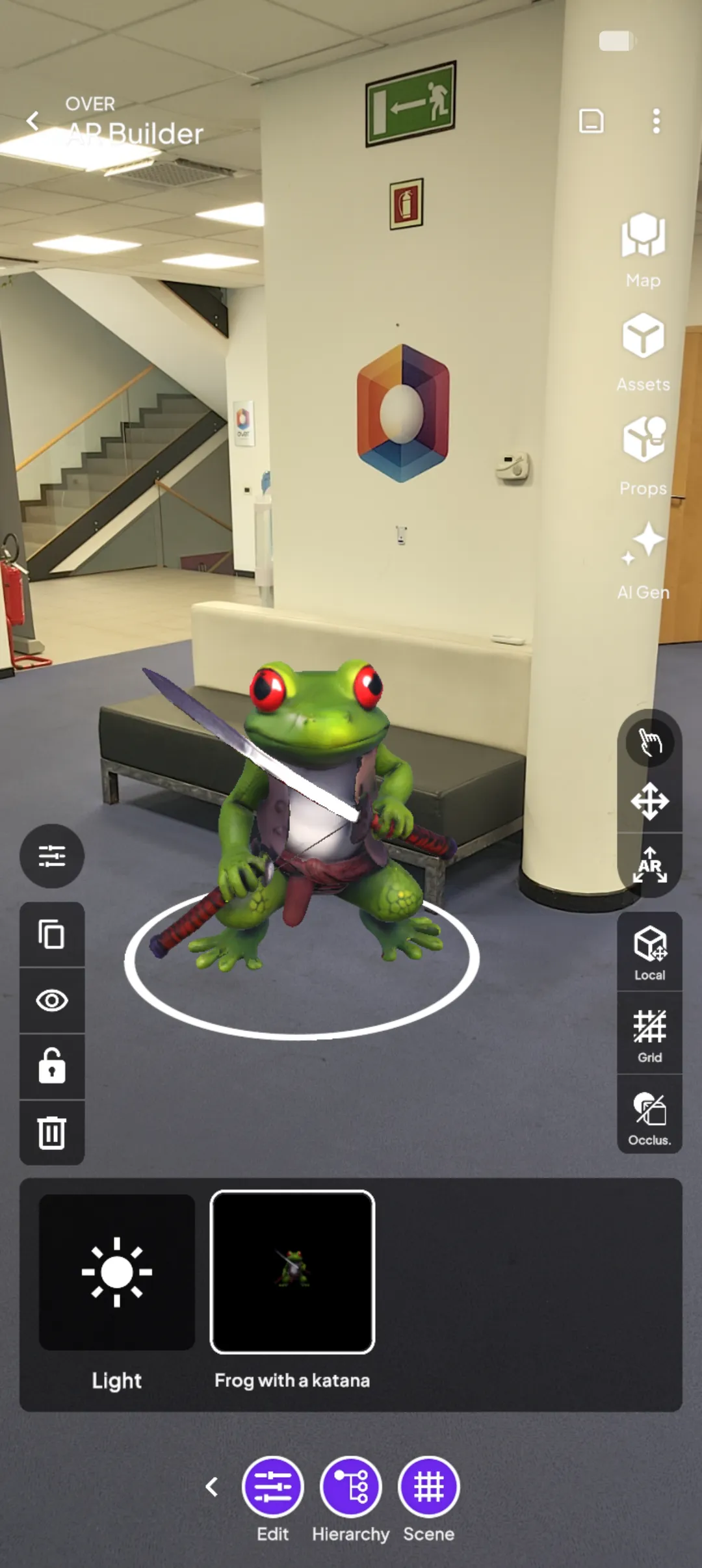 A 3D character placed in a real lobby, with its selection ring, the transform controls and the Map, Assets, Props and AI Gen rail
